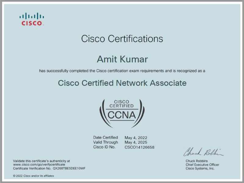 Our Alumni Amit Kumar Yadav achieved CCNA Course Certification by clearing CCNA 200-301 Exam by Cisco