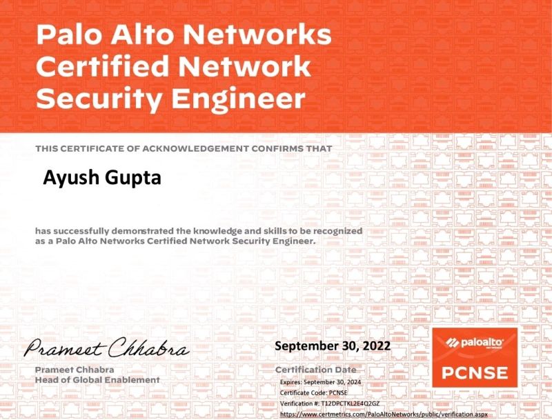 Our Alumni Ayush Gupta achieved Palo Alto Networks Certification and became Network Security Engineer