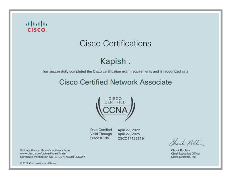 Our Alumni Kapish Jindgar achieved CCNA Course Certification by clearing CCNA 200-301 Exam by Cisco