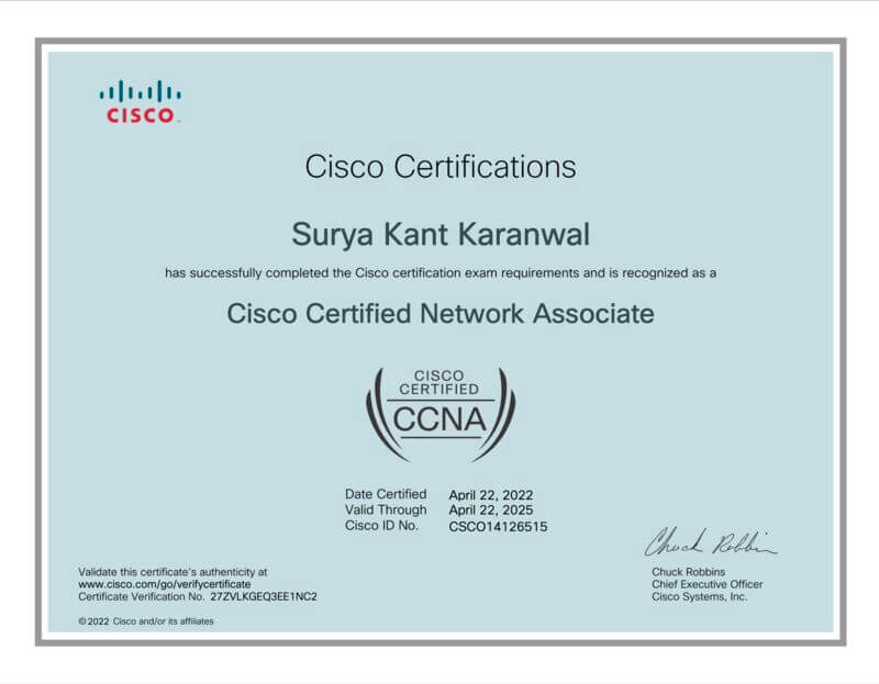 Our Alumni Surya Kant Karanwal achieved CCNA Course Certification by clearing CCNA 200-301 Exam by Cisco
